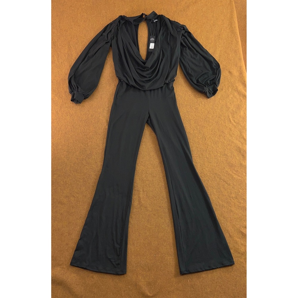 Fashion Nova Womens S Black Seraphina Cowl Neck Open Back Flare Leg Jumpsuit NWT